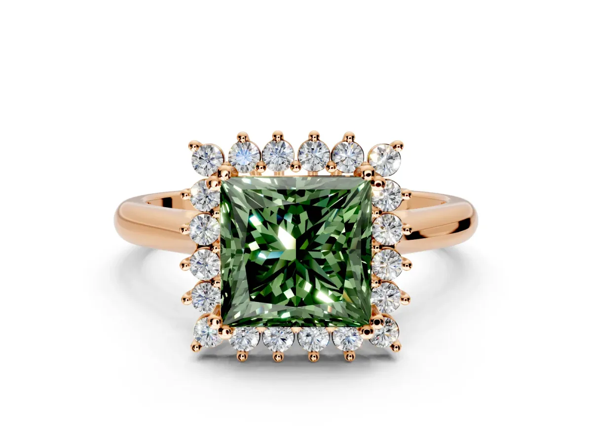 Starburst Halo Engagement Ring Setting for Fancy Green Princess Cut Center with Thin Round-Wire Band and Prong Head in Rose Gold