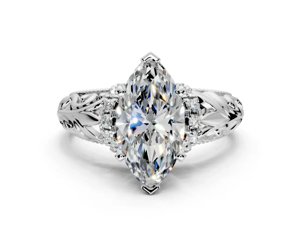 Solitaire Engagement Ring Setting for Marquise Center with Filigree Accent Basket and Prong Head in Platinum