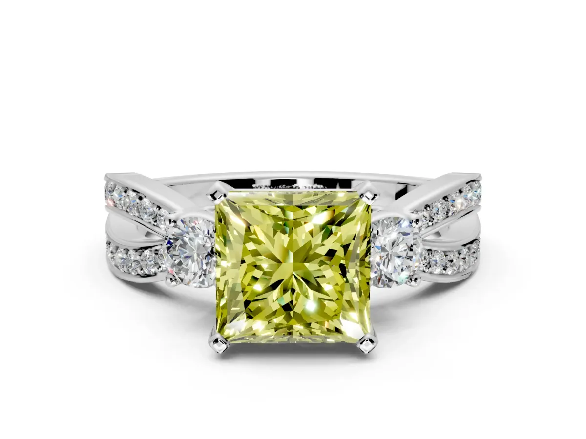 3 Stone Engagement Ring Setting for Fancy Yellow Princess Cut Center with Pave Twist Band and Prong Head in Platinum