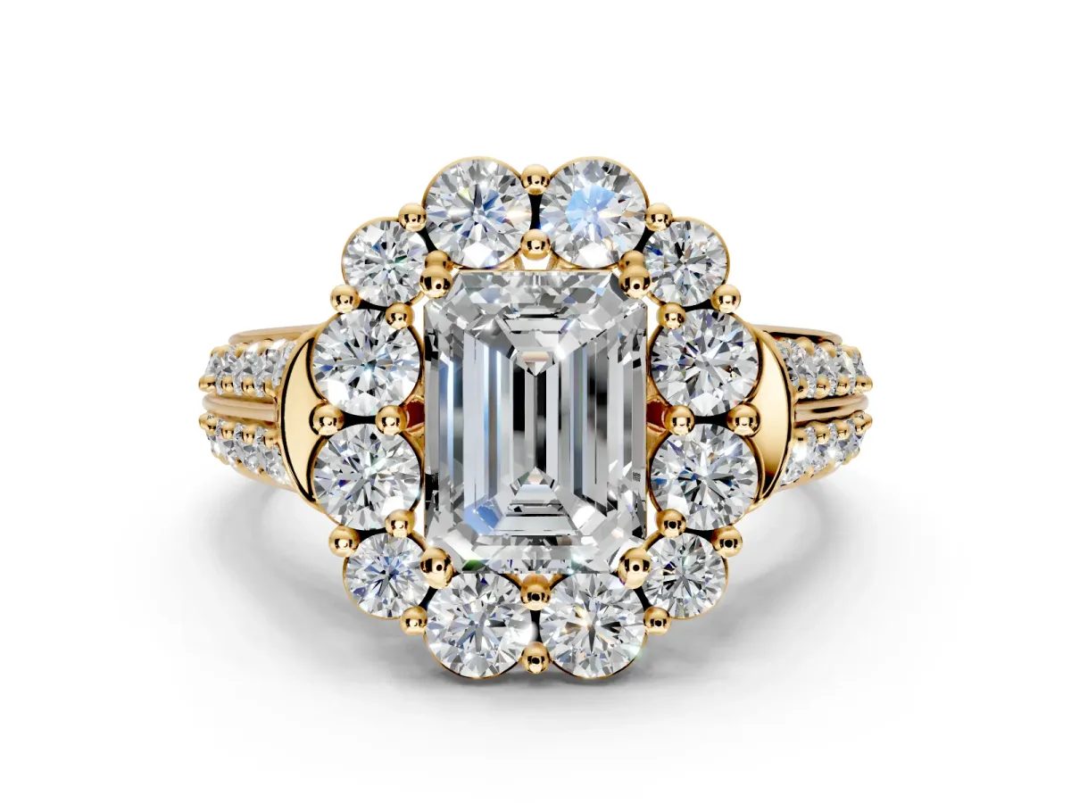 Large Accent Halo Engagement Ring Setting for Emerald Cut Center with Pave Split Shank and Prong Head in Yellow Gold
