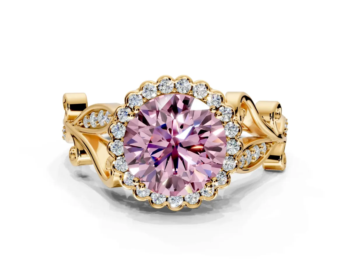Halo Engagement Ring Setting for Fancy Pink Round Cut Center with Leaf Motif Split Shank and Prong Head in Yellow Gold