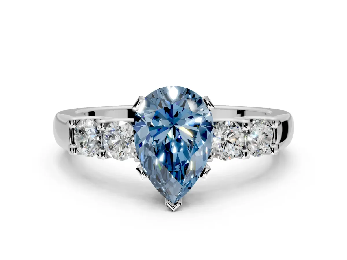 5 Stone Engagement Ring Setting for Fancy Blue Pear-Shaped Center with Plain Band and Prong Head in Platinum