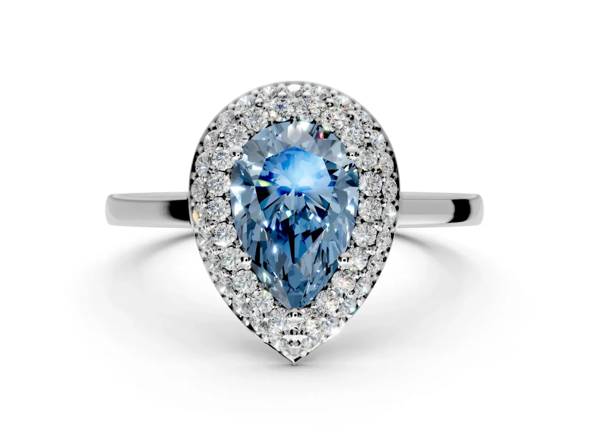 Halo Engagement Ring Setting for Fancy Blue Pear-Shaped Center with Plain Tapered Band and Prong Head in Sterling Silver