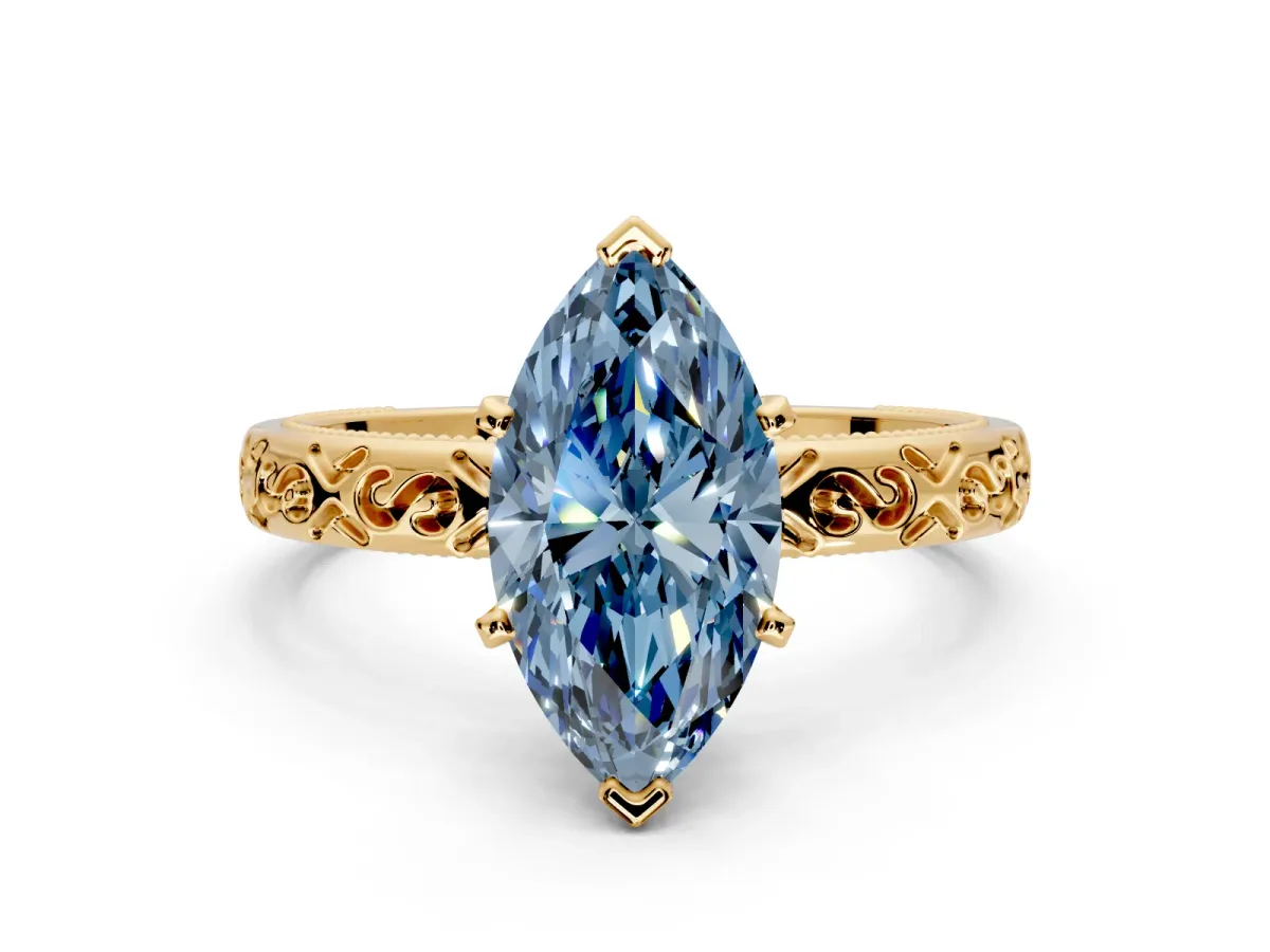 Solitaire Engagement Ring Setting for Fancy Blue Marquise Center with Scrollwork Band and Prong Head in Yellow Gold