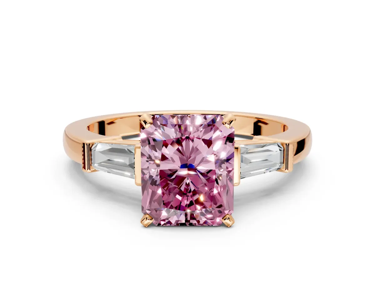 3 Stone Engagement Ring Setting for Fancy Pink Radiant Cut Center with Channel Baguette Accents and Prong Head in Rose Gold