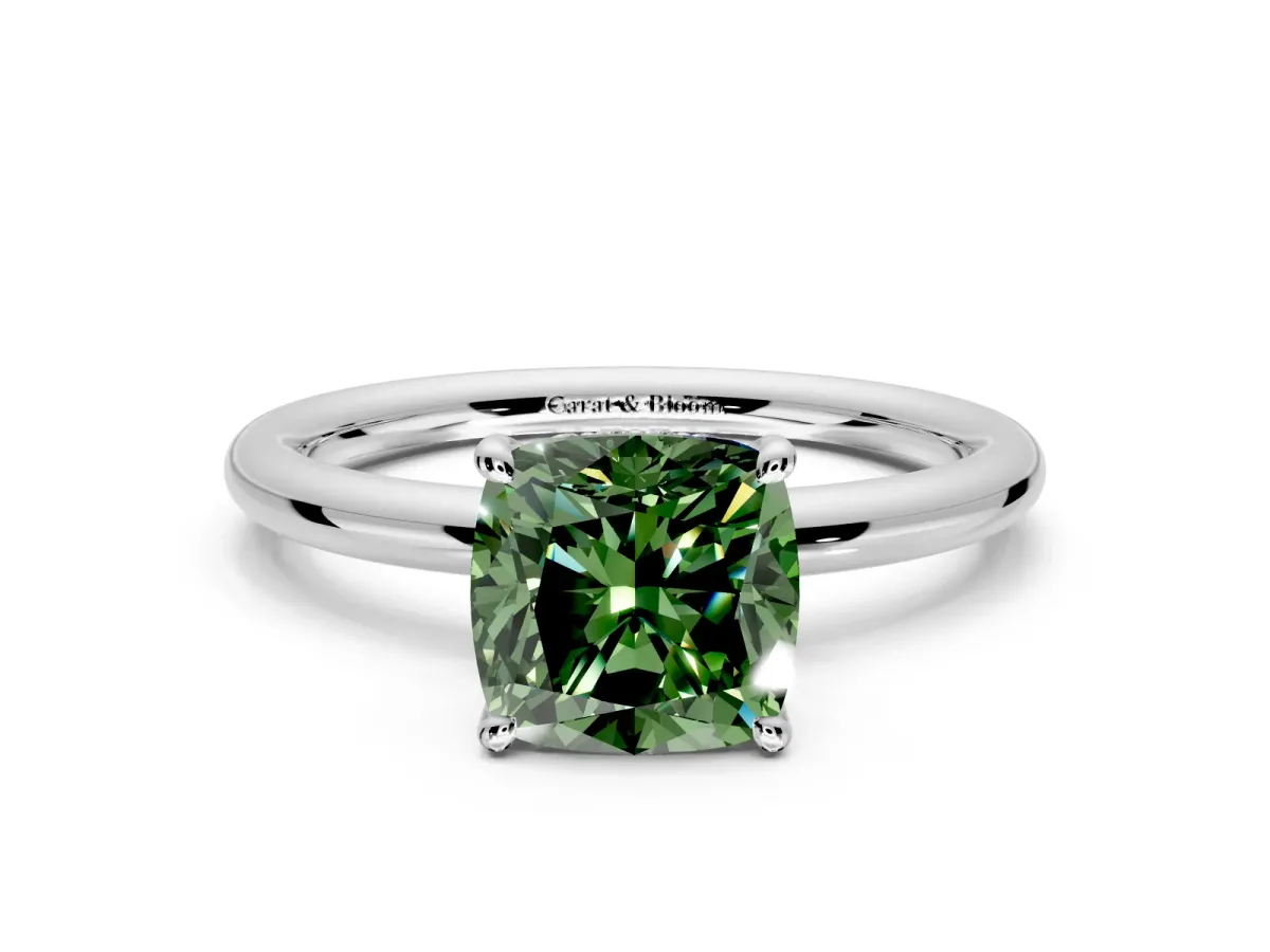 Hidden Halo Engagement Ring Setting for Fancy Green Cushion Cut Center with Thin Rounded Band and Prong Head in Platinum