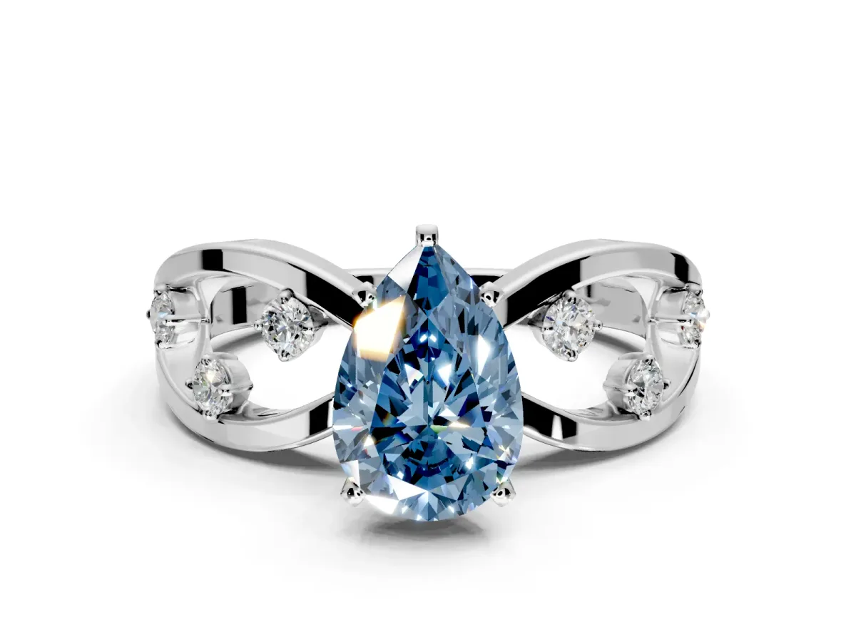 Solitaire Engagement Ring Setting for Fancy Blue Pear-Shaped Center with Criss-Cross Accent Band and Prong Head in Platinum