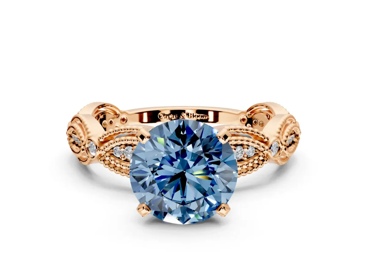 Solitaire Engagement Ring Setting for Fancy Blue Round Cut Center with Marquise Panel Band and Prong Head in Rose Gold