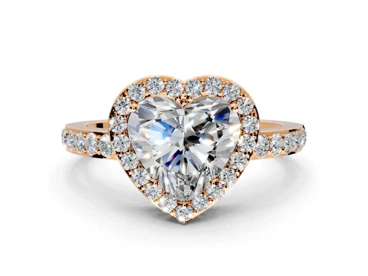 Halo Engagement Ring Setting for Heart-Shaped Center with Heart-Shaped Openwork, Pave Band and Prong Head in Rose Gold