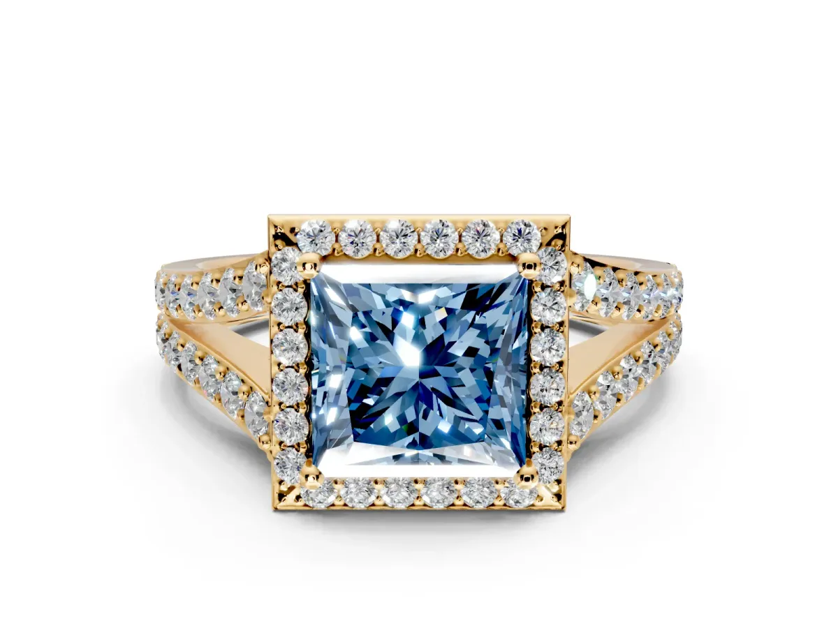 Halo Engagement Ring Setting for Fancy Blue Princess Cut Center with Narrow Pave Split Shank and Prong Head in Yellow Gold