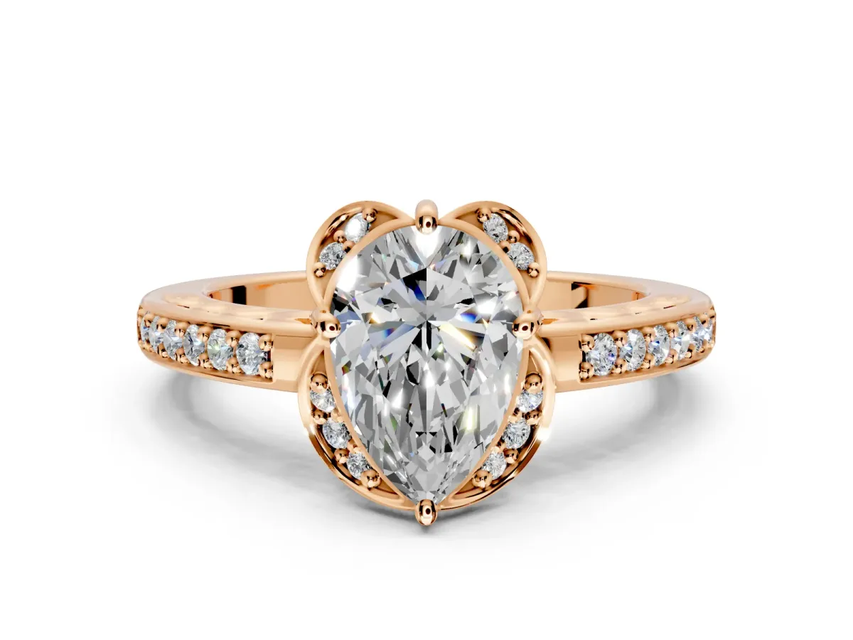Floral Engagement Ring Setting for Pear-Shaped Center with Four Accent Clusters and Prong Head in Rose Gold