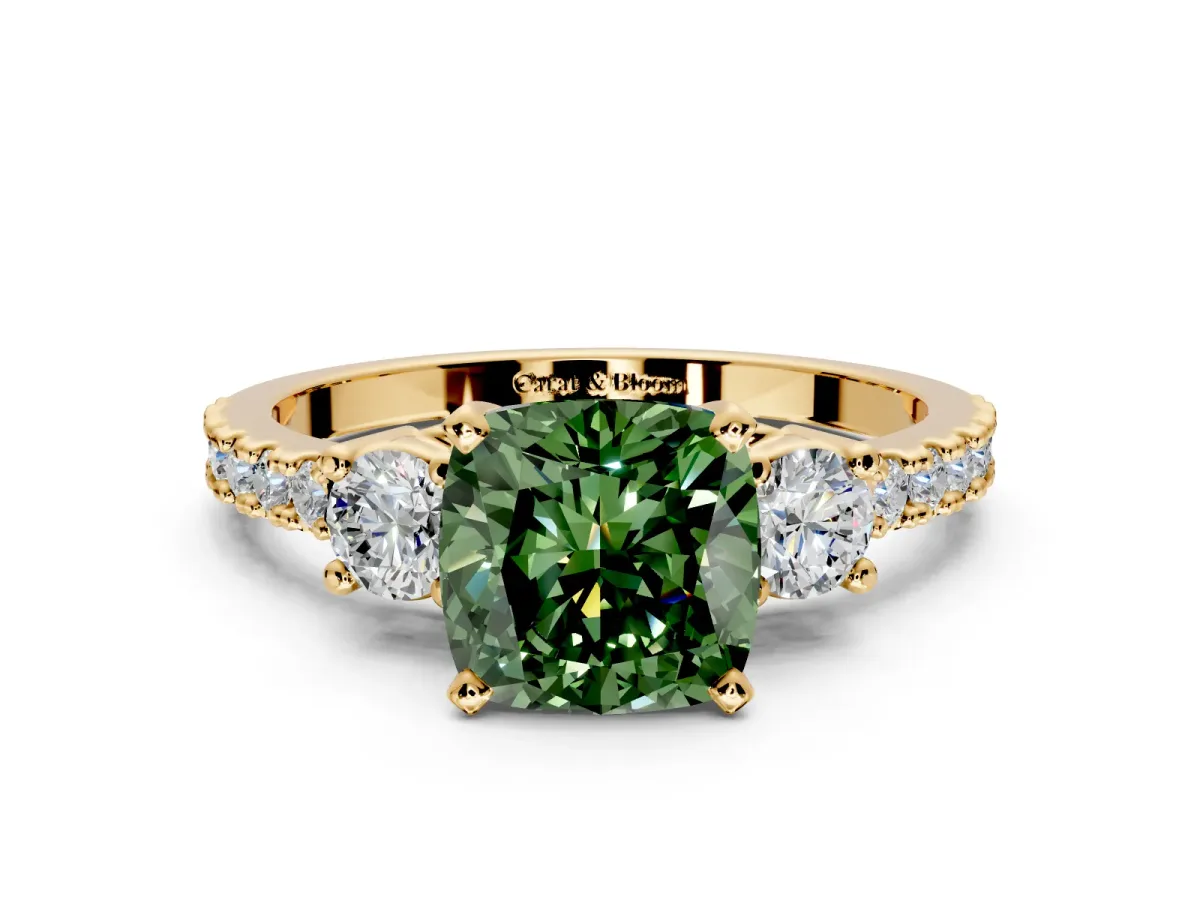 3 Stone Engagement Ring Setting for Fancy Green Cushion Cut Center with Round Cut Side Accents and Prong Head in Yellow Gold