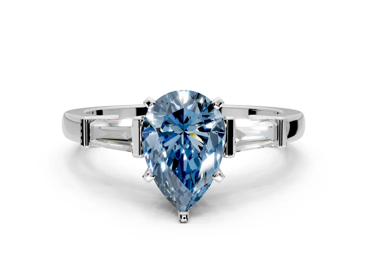 3 Stone Engagement Ring Setting for Fancy Blue Pear-Shaped Center with Channel Baguette Accents and Prong Head in Sterling Silver