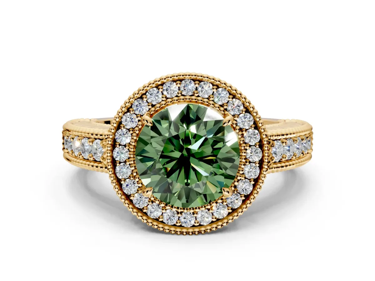 Milgrain Halo Engagement Ring Setting for Fancy Green Round Cut Center with Pave Band and Prong Head in Yellow Gold