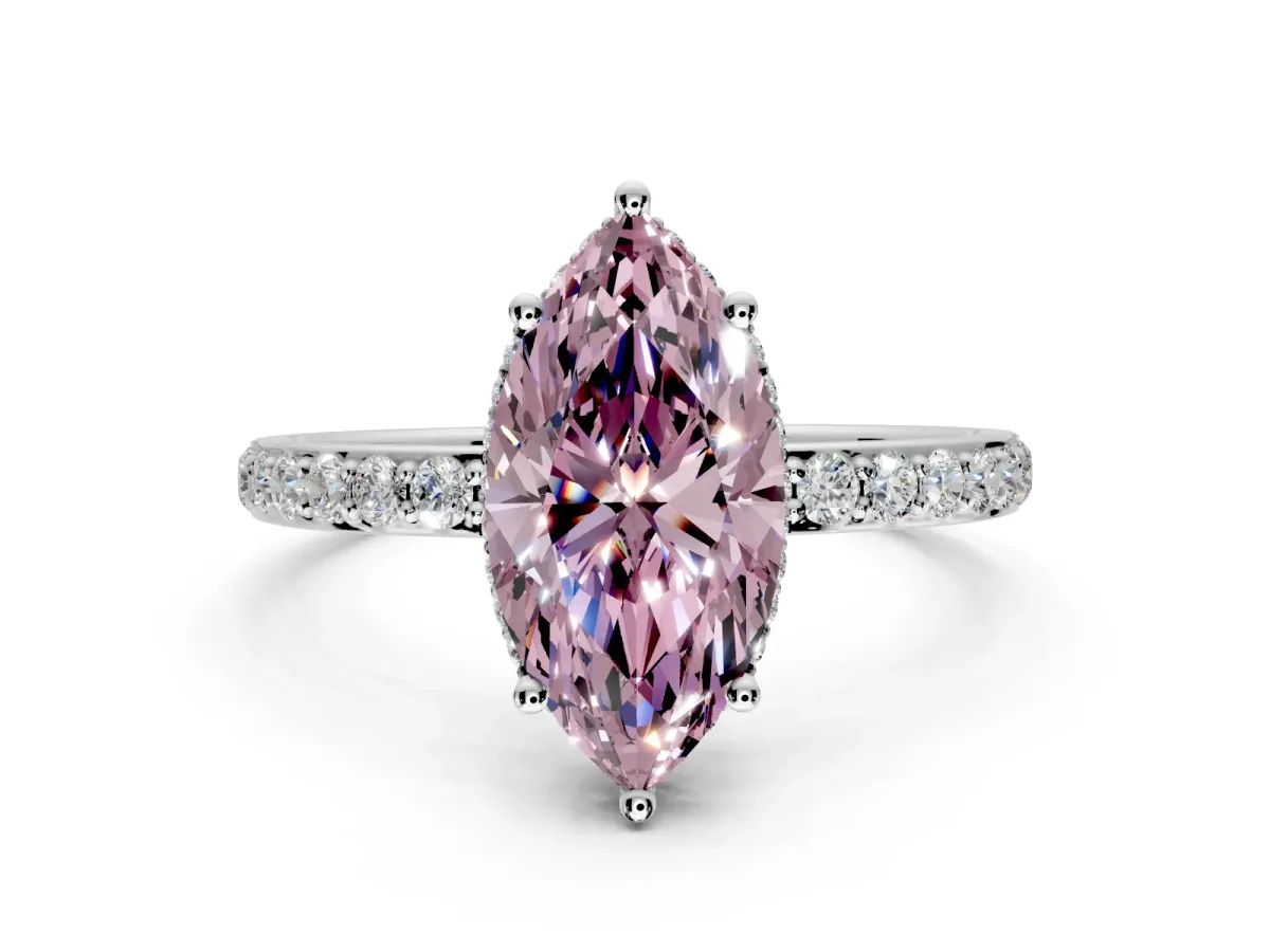 Hidden Halo Engagement Ring Setting for Fancy Pink Marquise Center with Pave Band and Prong Head in White Gold