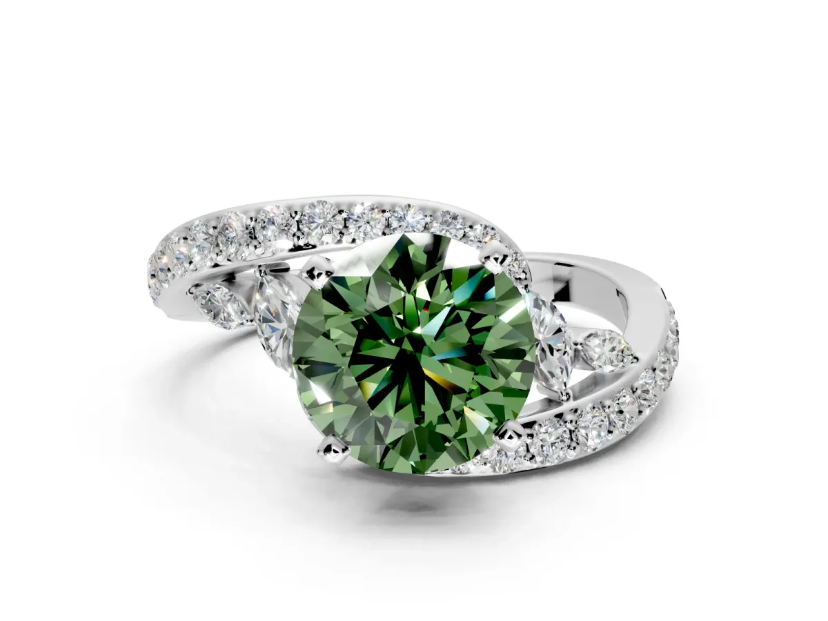 Solitaire Engagement Ring Setting for Fancy Green Round Cut Center with Pave Bypass Twist Band and Prong Head in Platinum