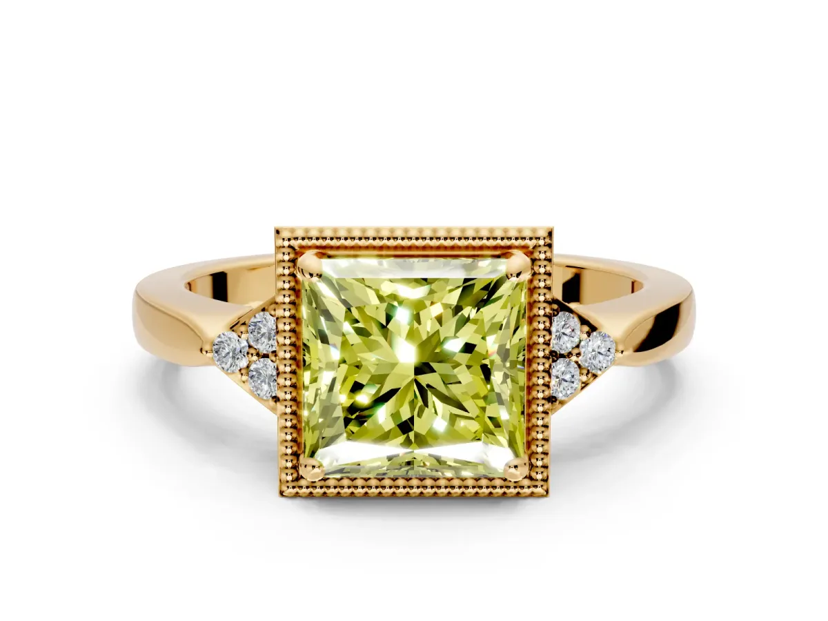 Cluster Engagement Ring Setting for Fancy Yellow Princess Cut Center with Milgrain Shoulder Clusters and Prong Head in Yellow Gold