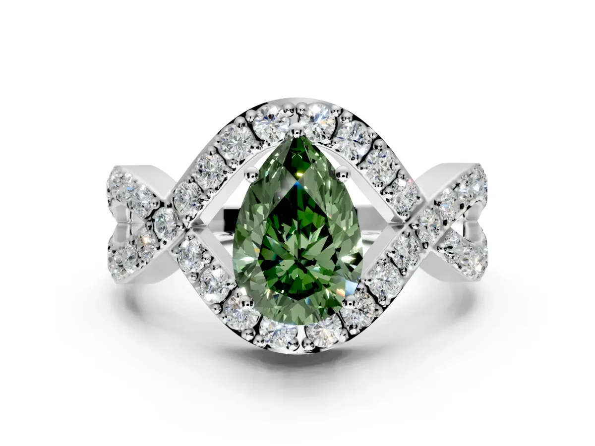 Halo Engagement Ring Setting for Fancy Green Pear-Shaped Center with Pave Infinity Twist Band and Prong Head in Sterling Silver