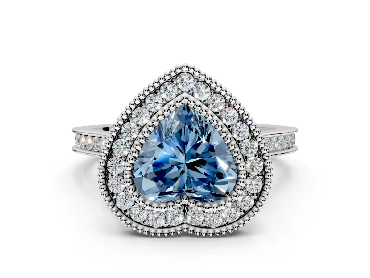 Halo Engagement Ring Setting for Fancy Blue Heart-Shaped Center with Milgrain Frame, Pave Band and Prong Head in Platinum