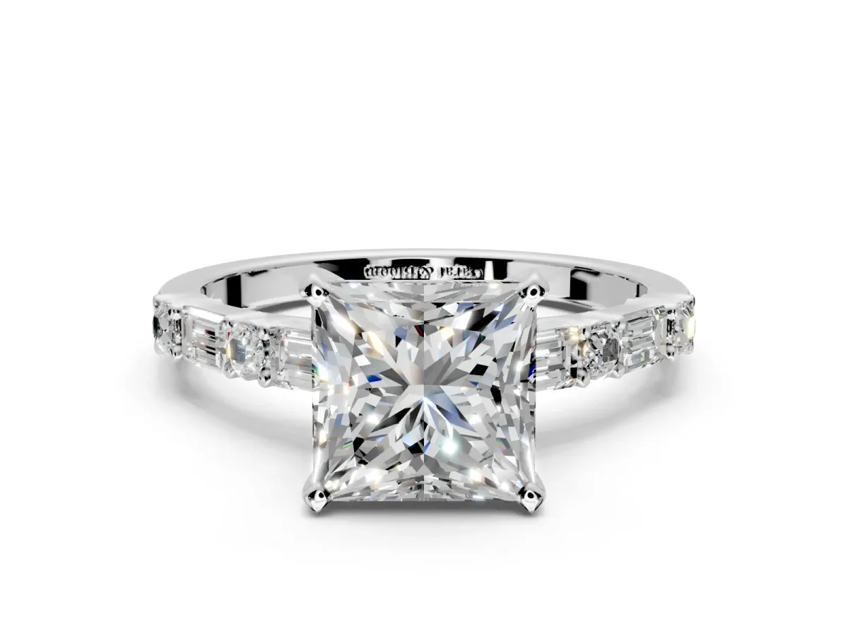 Baguette Engagement Ring Setting for Princess Cut Center with Alternating Bar-Set Band and Prong Head in Platinum