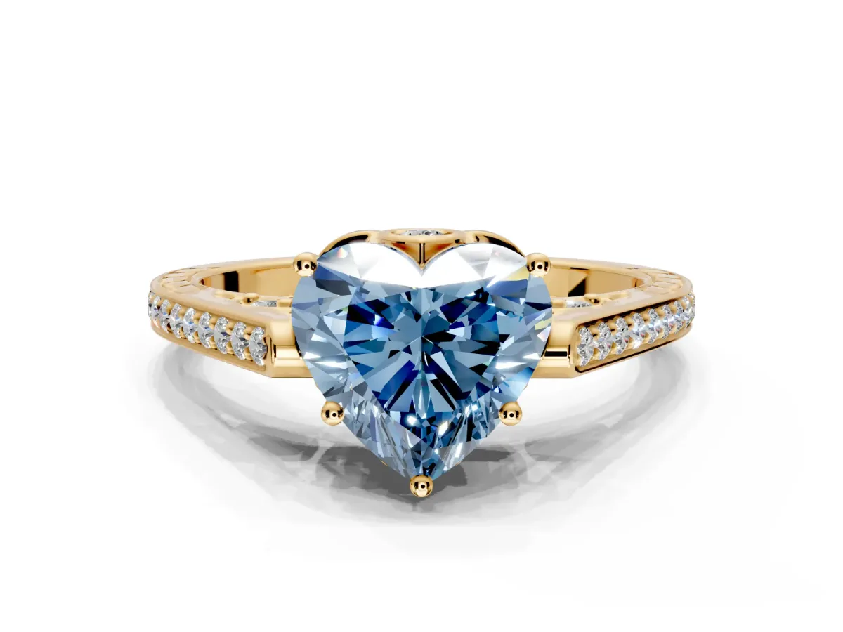 Cathedral Engagement Ring Setting for Fancy Blue Heart-Shaped Center with Antique-Style Pave Band and Prong Head in Yellow Gold