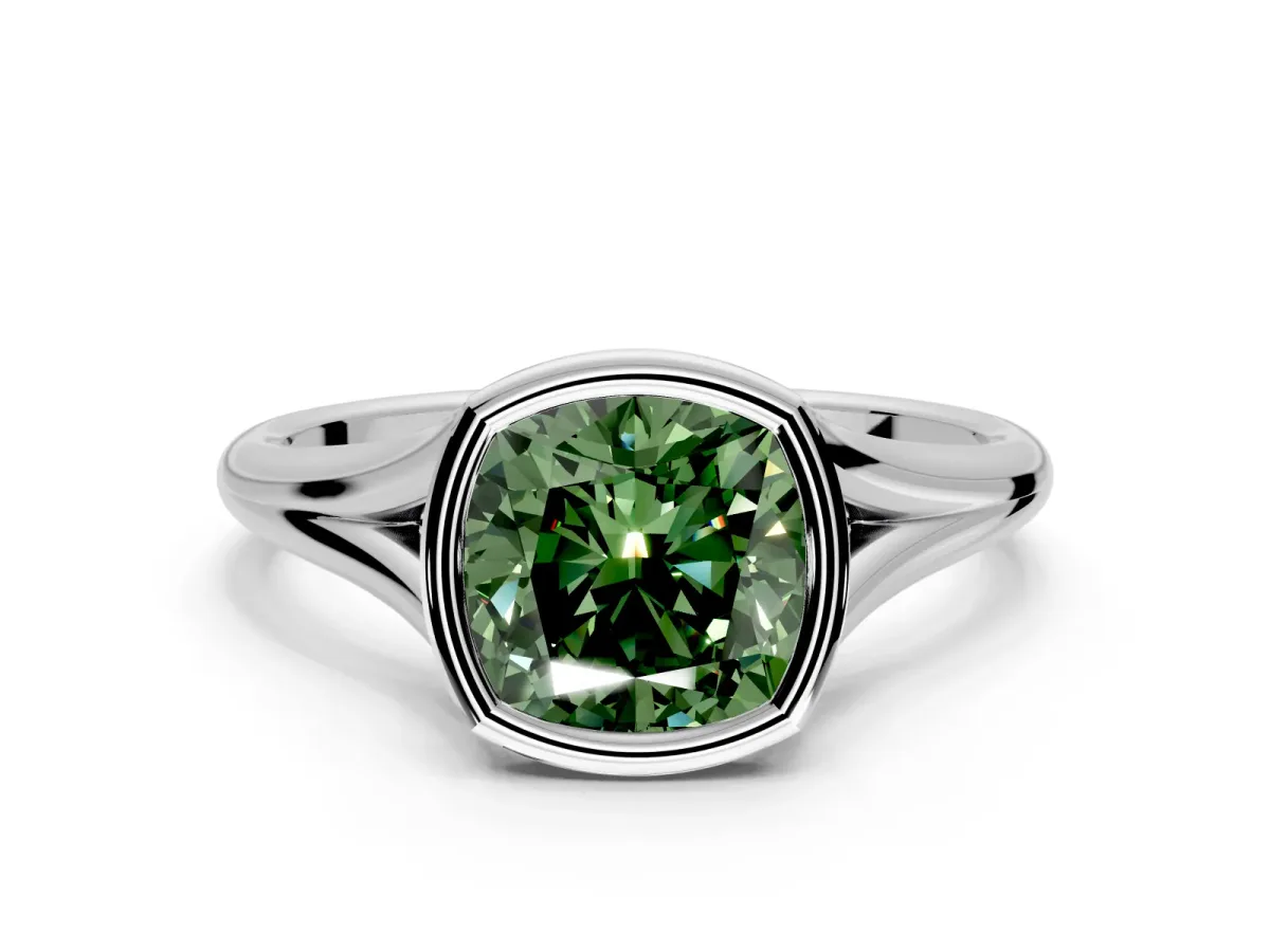 Solitaire Engagement Ring Setting for Fancy Green Cushion Cut Center with V Split Shank and Bezel Head in Sterling Silver