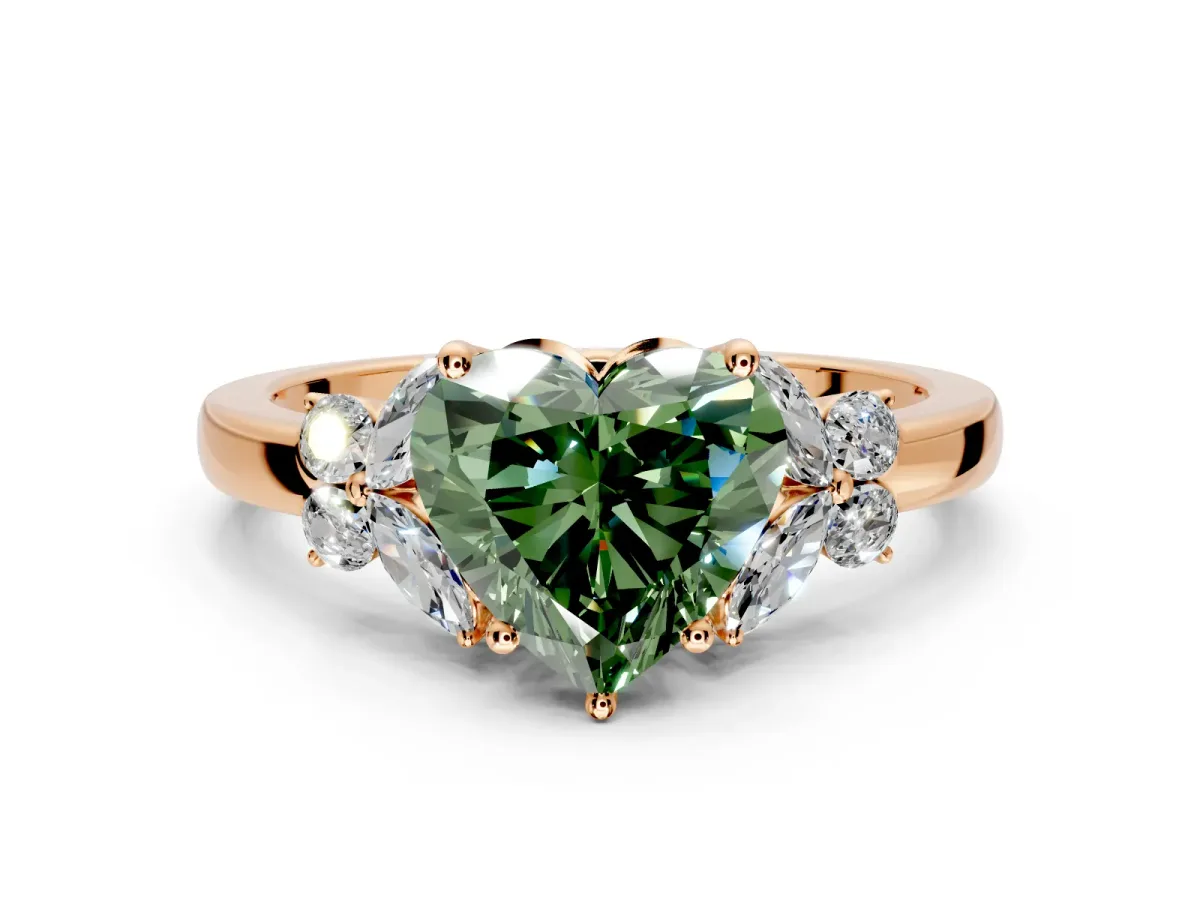 Solitaire Engagement Ring Setting for Fancy Green Heart-Shaped Center with Marquise Flower Shoulders and Prong Head in Rose Gold