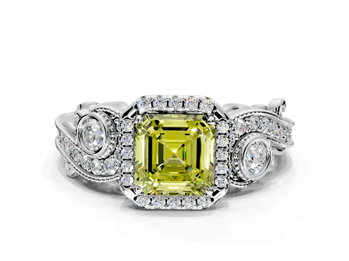 Milgrain Halo Engagement Ring Setting for Fancy Yellow Asscher Cut Center with Shoulder Bezels and Prong Head in White Gold