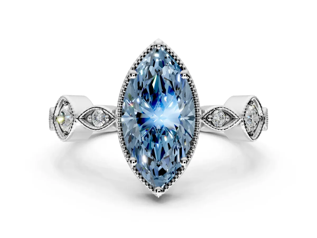 Vintage Station Engagement Ring Setting for Fancy Blue Marquise Center with Accents and Prong Head in White Gold