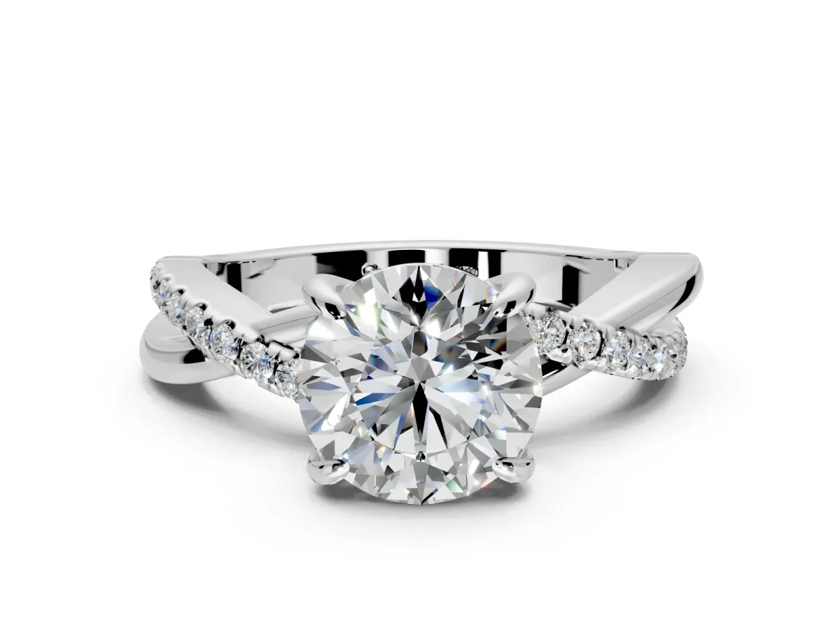 Solitaire Engagement Ring Setting for Round Cut Center with Half-Pave Crossover Band and Prong Head in Platinum