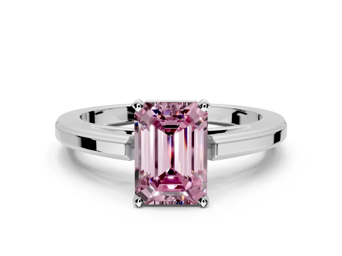 Solitaire Engagement Ring Setting for Fancy Pink Emerald Cut Center with Flat-Sided Plain Band and Prong Head in White Gold