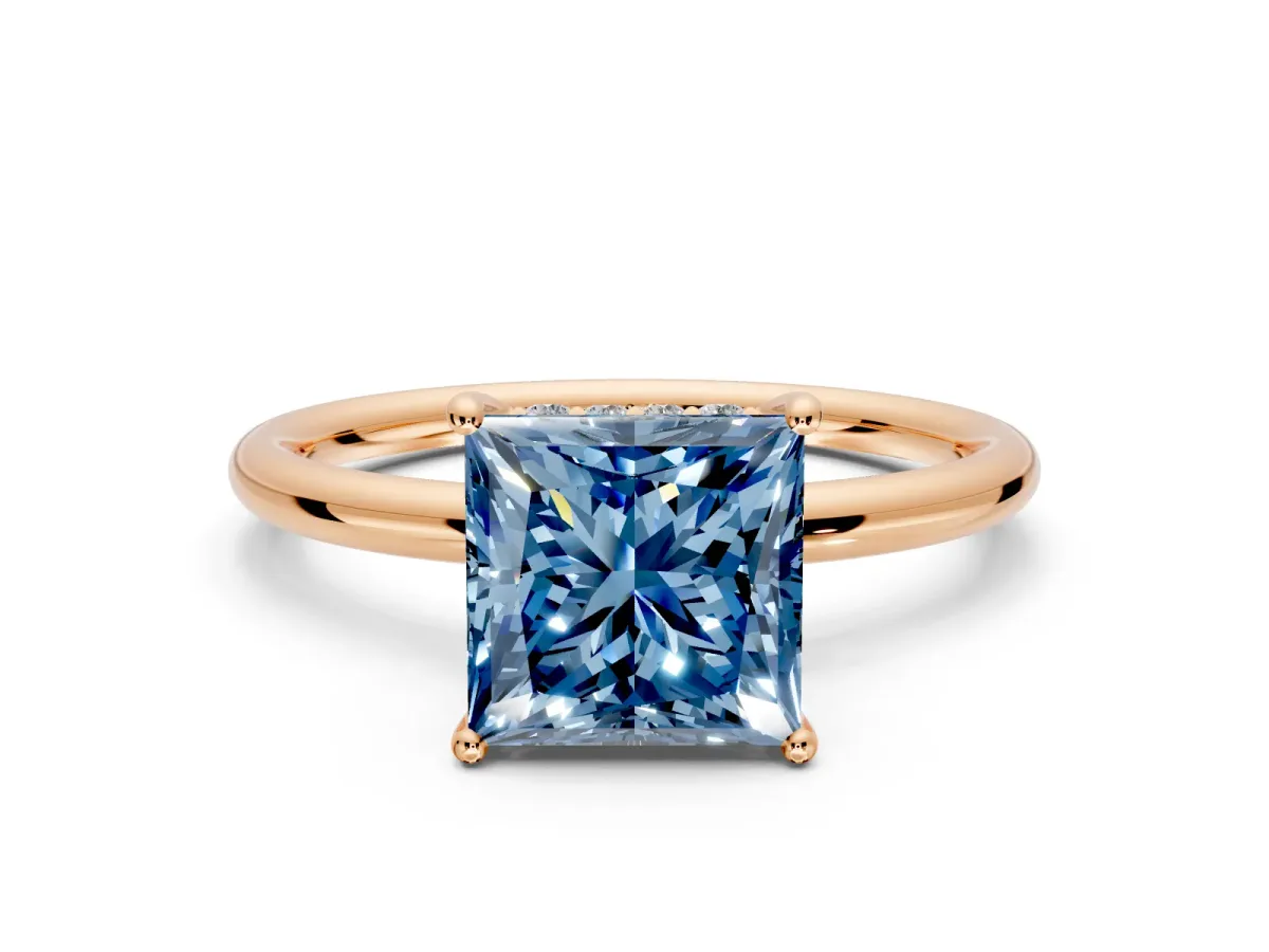 Solitaire Engagement Ring Setting for Fancy Blue Princess Cut Center with Plain Band, Open Basket and Prong Head in Rose Gold