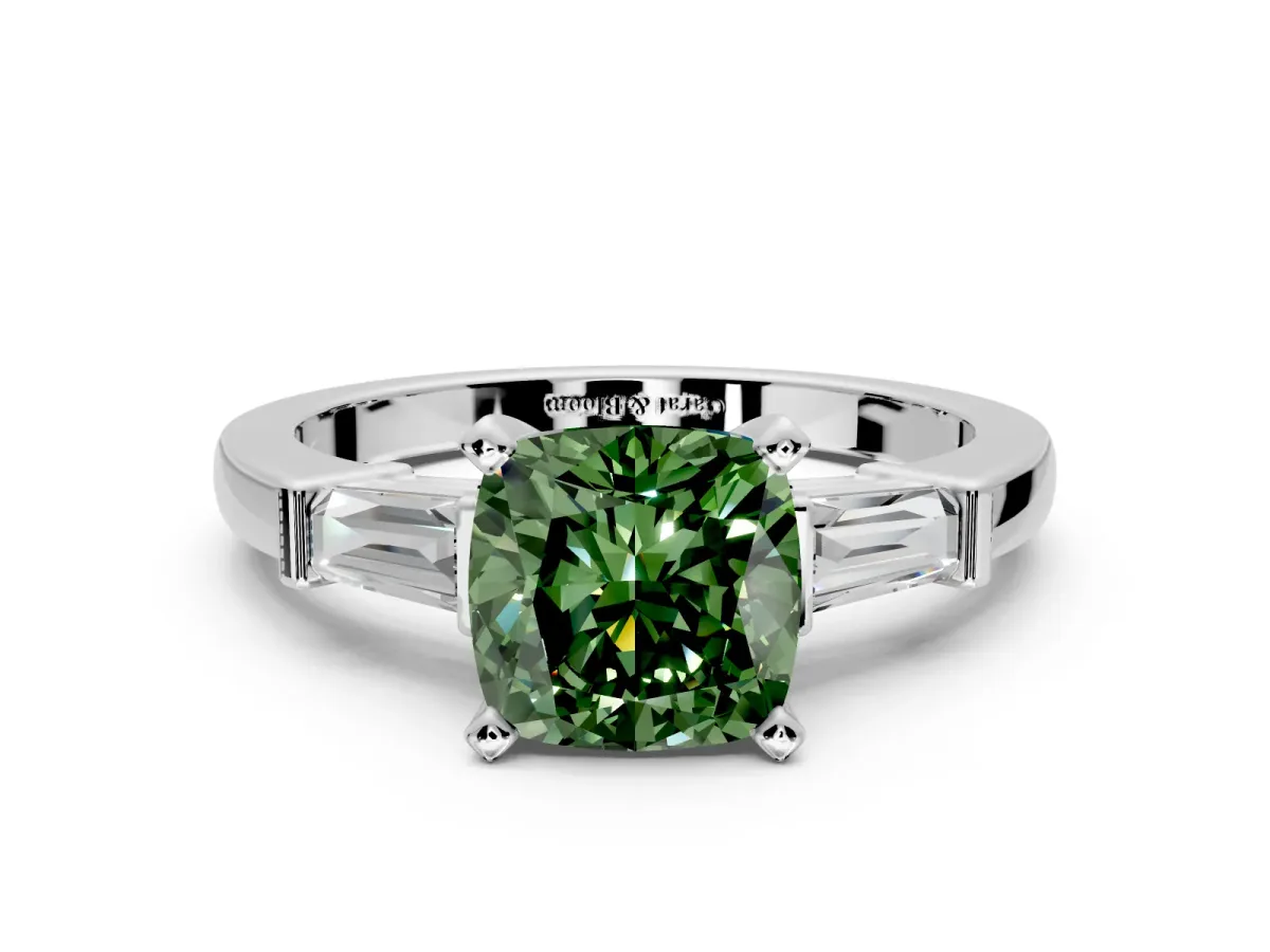 3 Stone Engagement Ring Setting for Fancy Green Cushion Cut Center with Channel Baguette Accents and Prong Head in White Gold