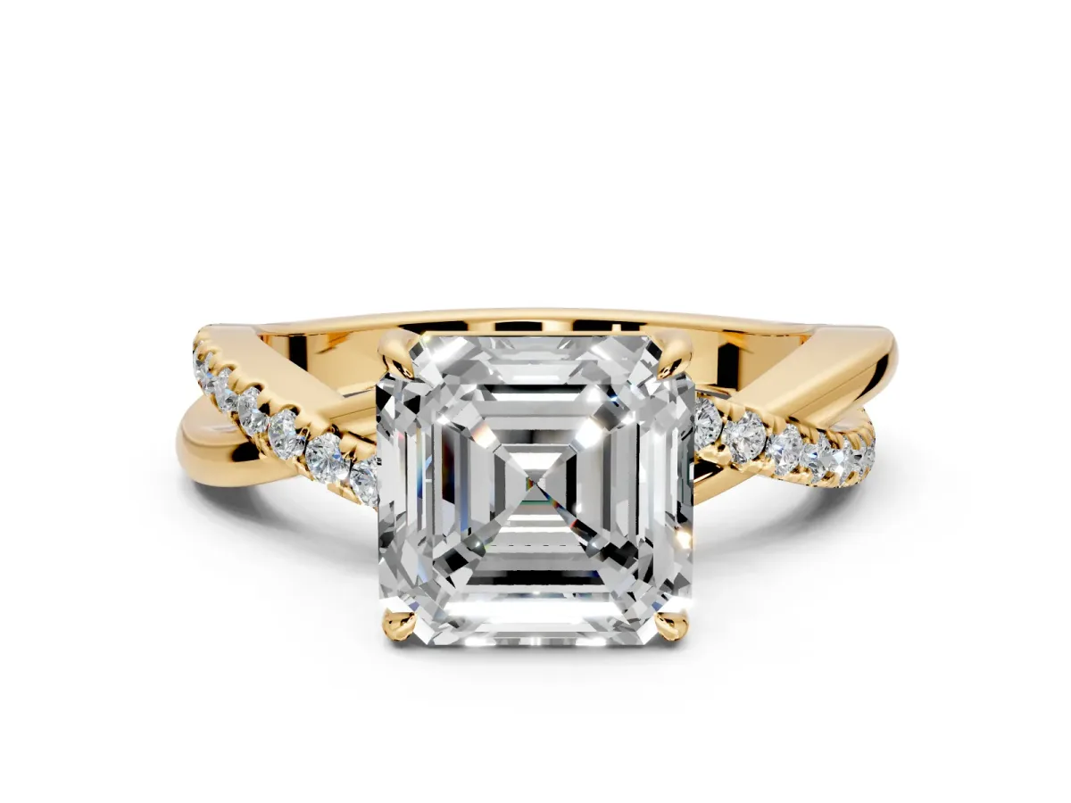 Crossover Engagement Ring Setting for Asscher Cut Center with Pave and Plain Strands and Prong Head in Yellow Gold