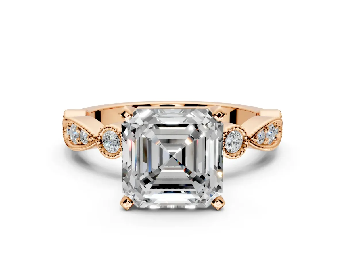 Solitaire Engagement Ring Setting for Asscher Cut Center with Milgrain Bezel Accents and Prong Head in Rose Gold