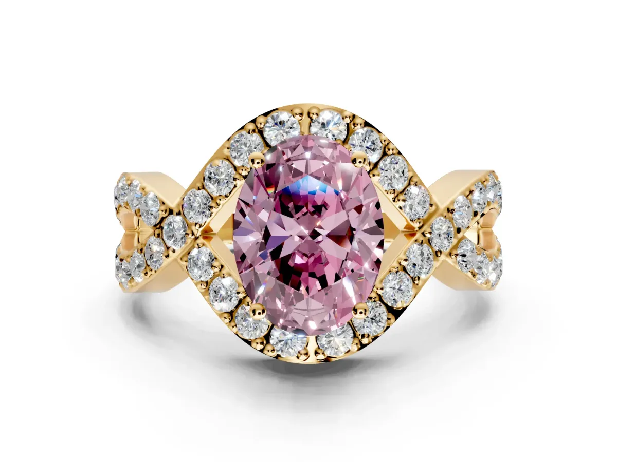 Halo Engagement Ring Setting for Fancy Pink Oval Center with Pave Infinity Twist Band and Prong Head in Yellow Gold