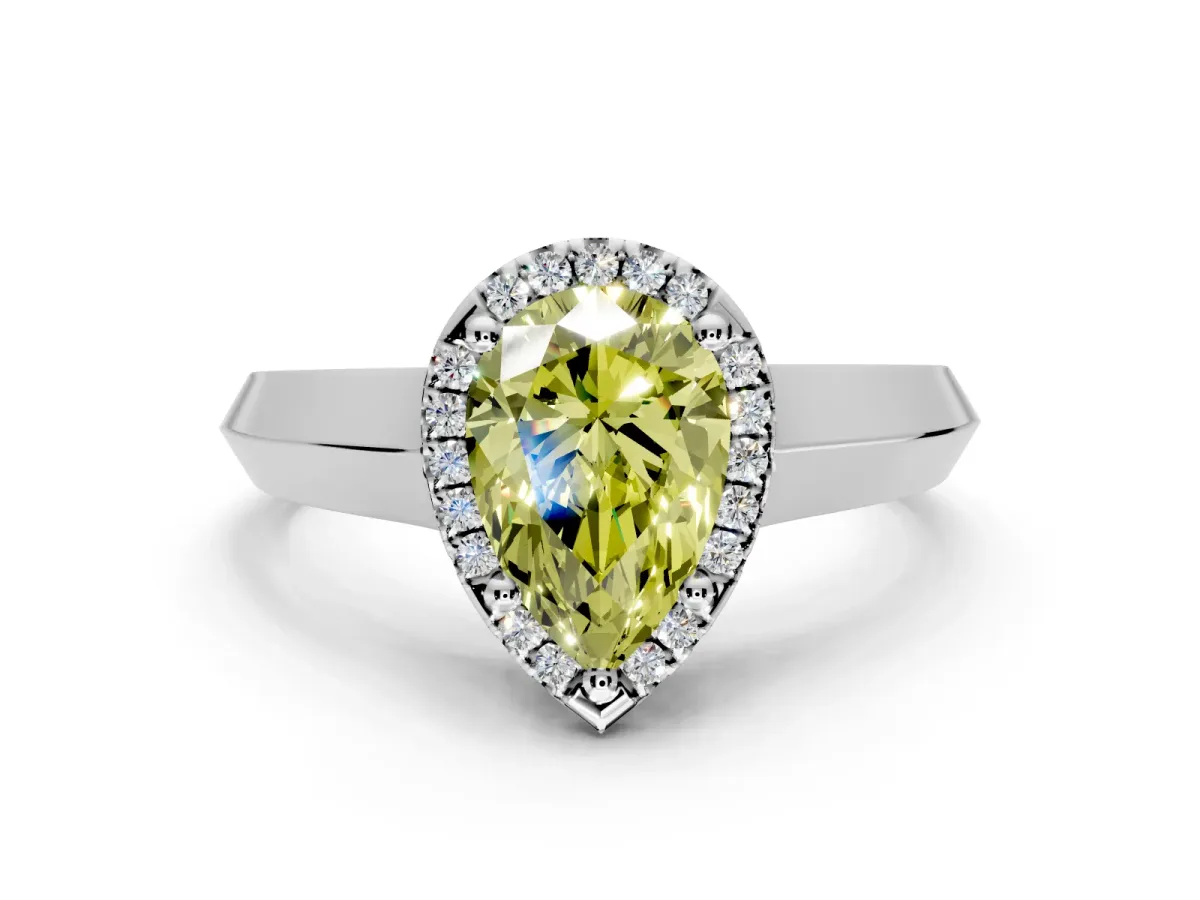 Halo Engagement Ring Setting for Fancy Yellow Pear-Shaped Center with Knife Ridge Cathedral Band and Prong Head in Sterling Silver
