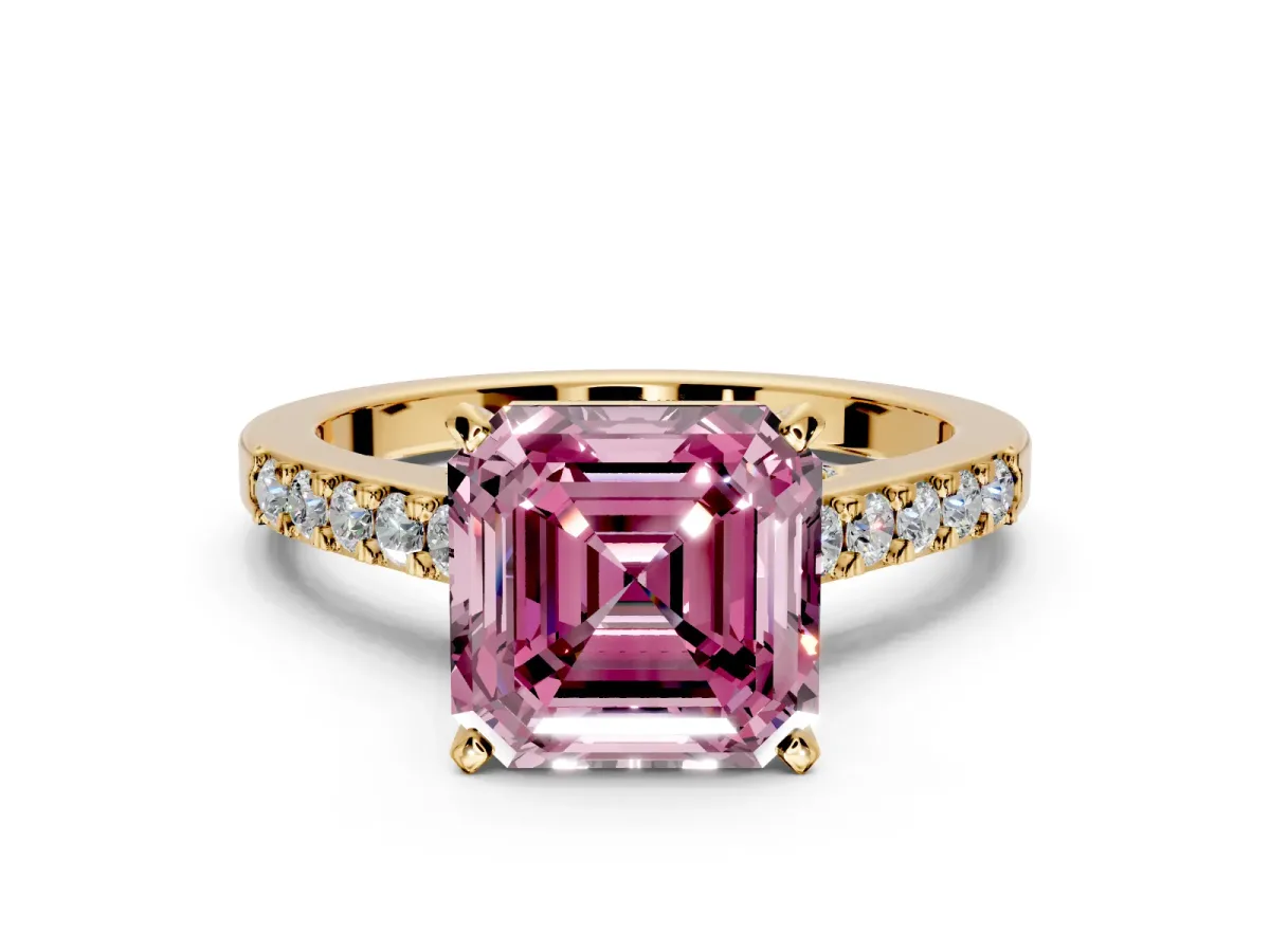 Solitaire Engagement Ring Setting for Fancy Pink Asscher Cut Center with Crossover Accents and Prong Head in Yellow Gold