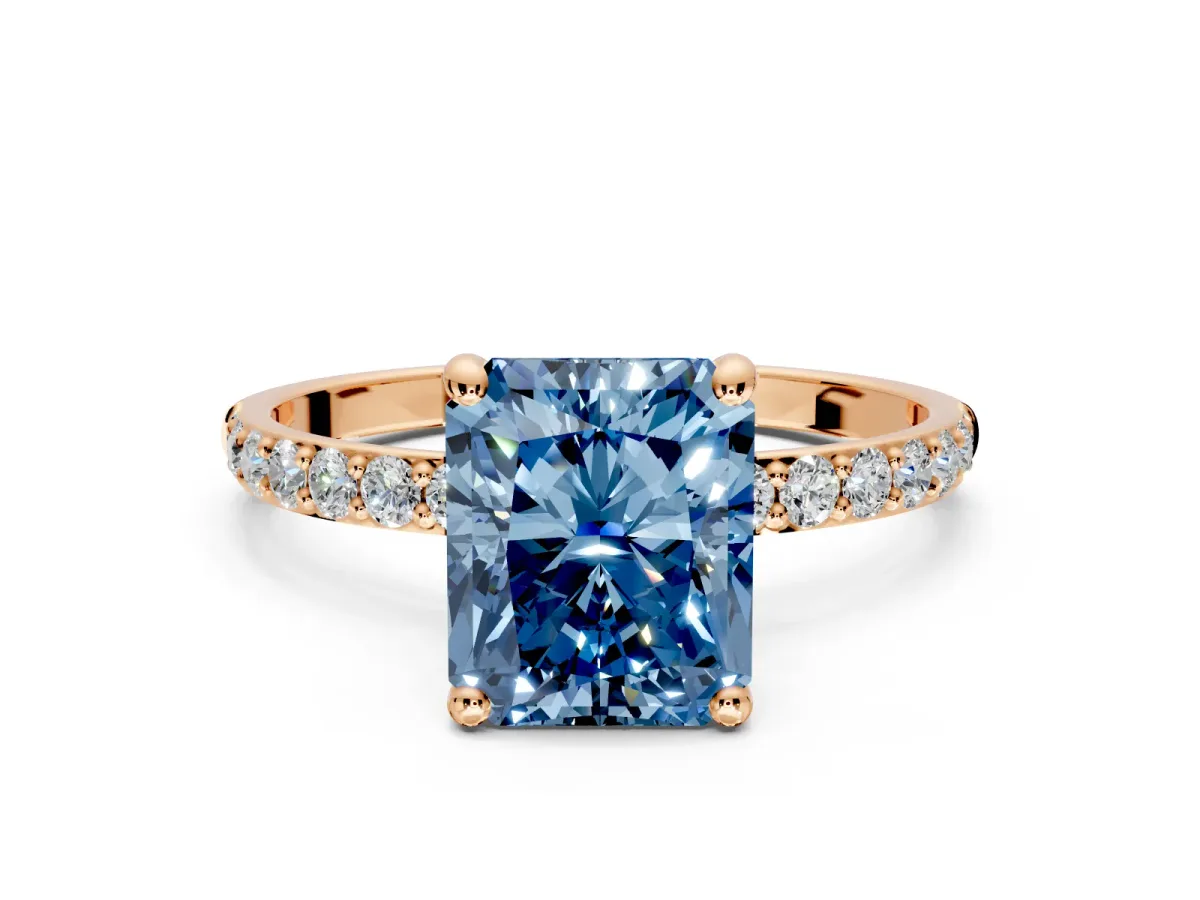 Solitaire Engagement Ring Setting for Fancy Blue Radiant Cut Center with Pave Accents and Prong Head in Rose Gold