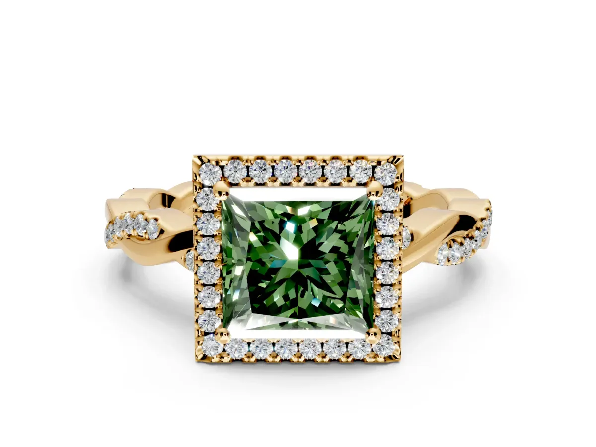 Halo Engagement Ring Setting for Fancy Green Princess Cut Center with Pave and Plain Twist Band and Prong Head in Yellow Gold
