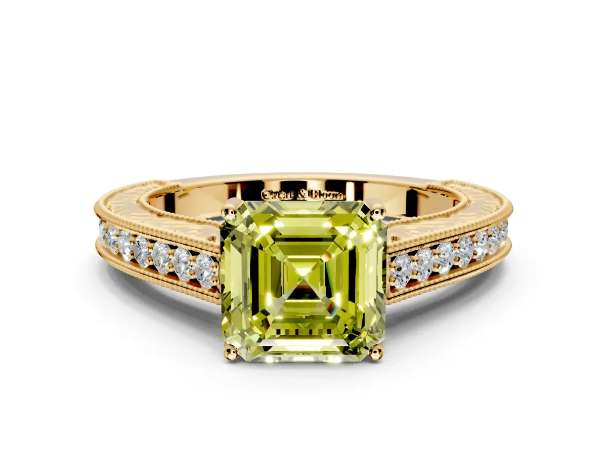 Solitaire Engagement Ring Setting for Fancy Yellow Asscher Cut Center with Engraved Pave Band and Prong Head in Yellow Gold