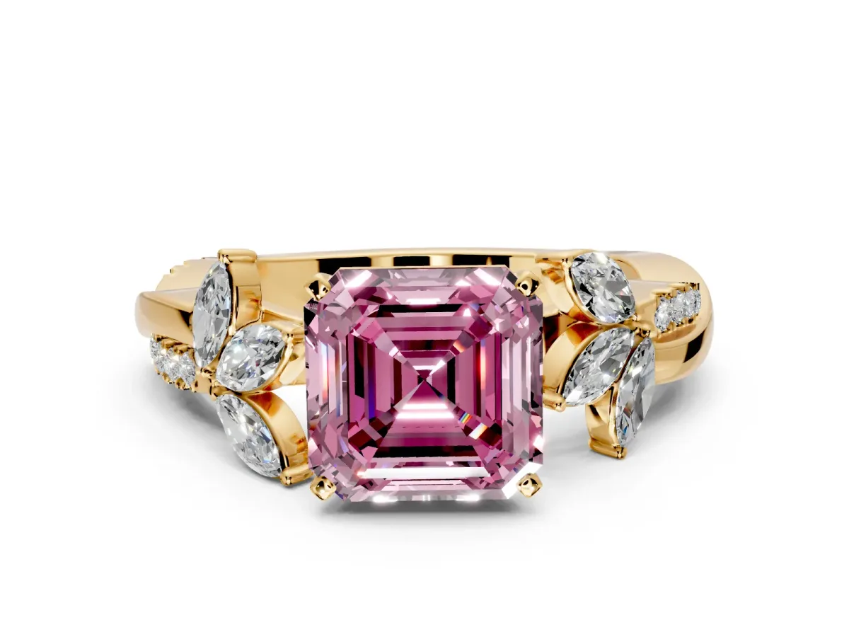 Floral Engagement Ring Setting for Fancy Pink Asscher Cut Center with Trailing Marquise Accents and Prong Head in Yellow Gold