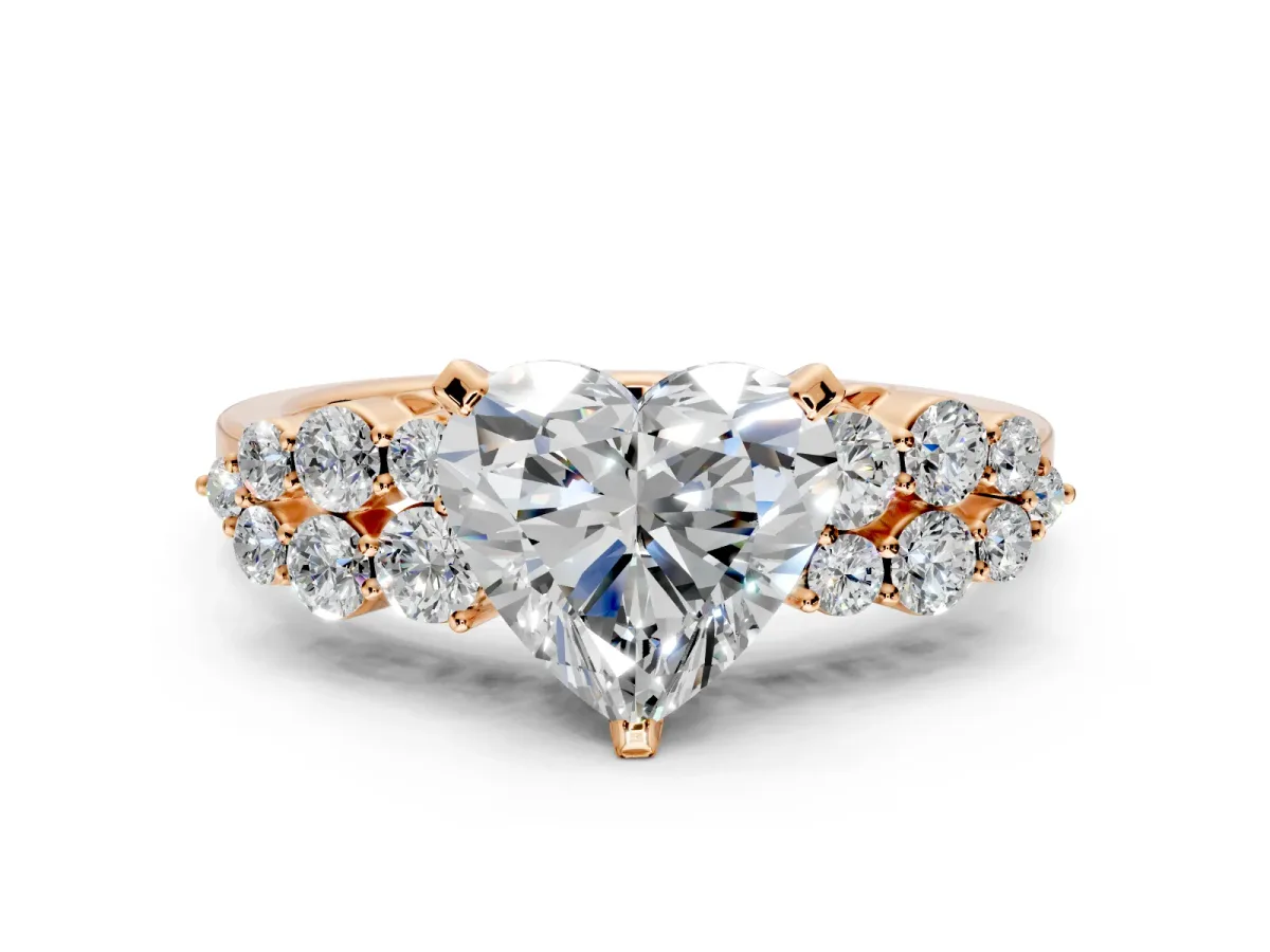 Cluster Engagement Ring Setting for Heart-Shaped Center with 2-Row Shoulder Clusters and Prong Head in Rose Gold