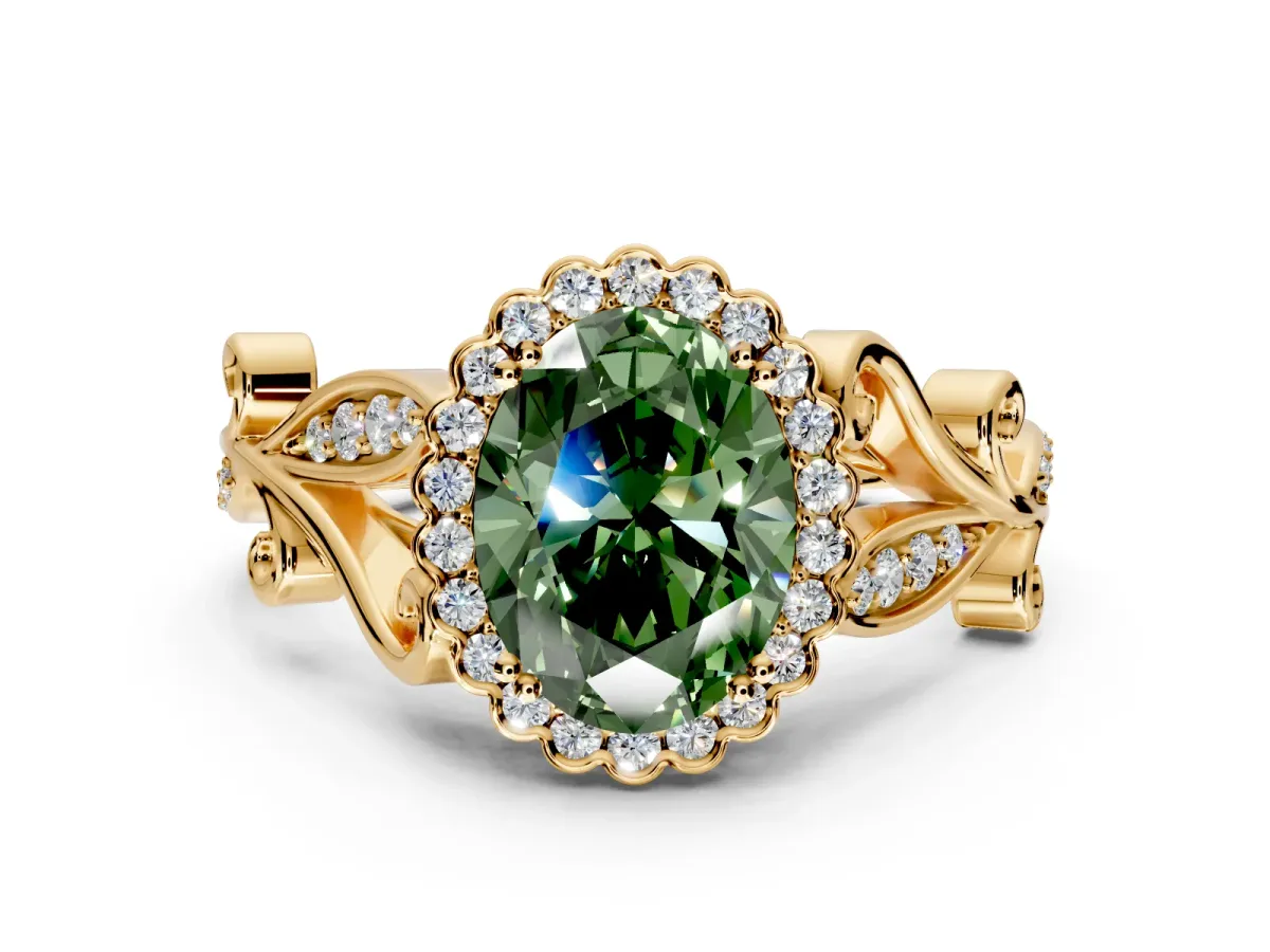 Halo Engagement Ring Setting for Fancy Green Oval Center with Leaf Motif Split Shank and Prong Head in Yellow Gold