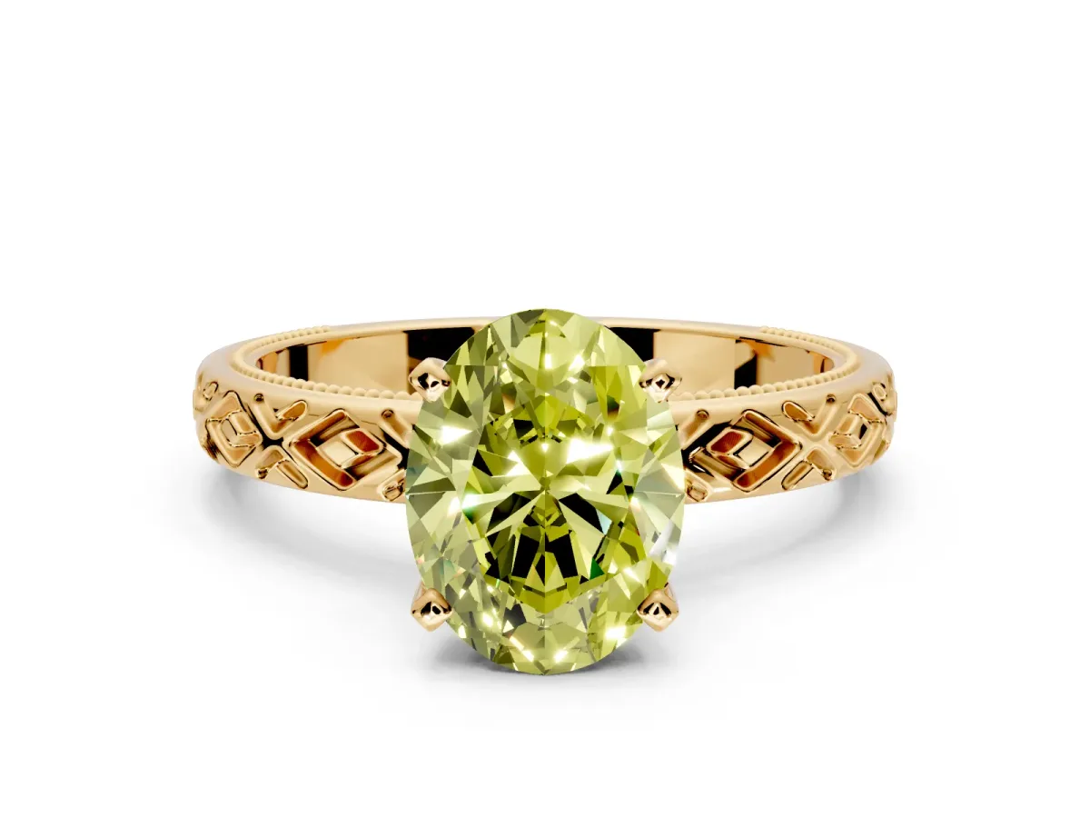 Solitaire Engagement Ring Setting for Fancy Yellow Oval Center with Milgrain X Pattern Band and Prong Head in Yellow Gold