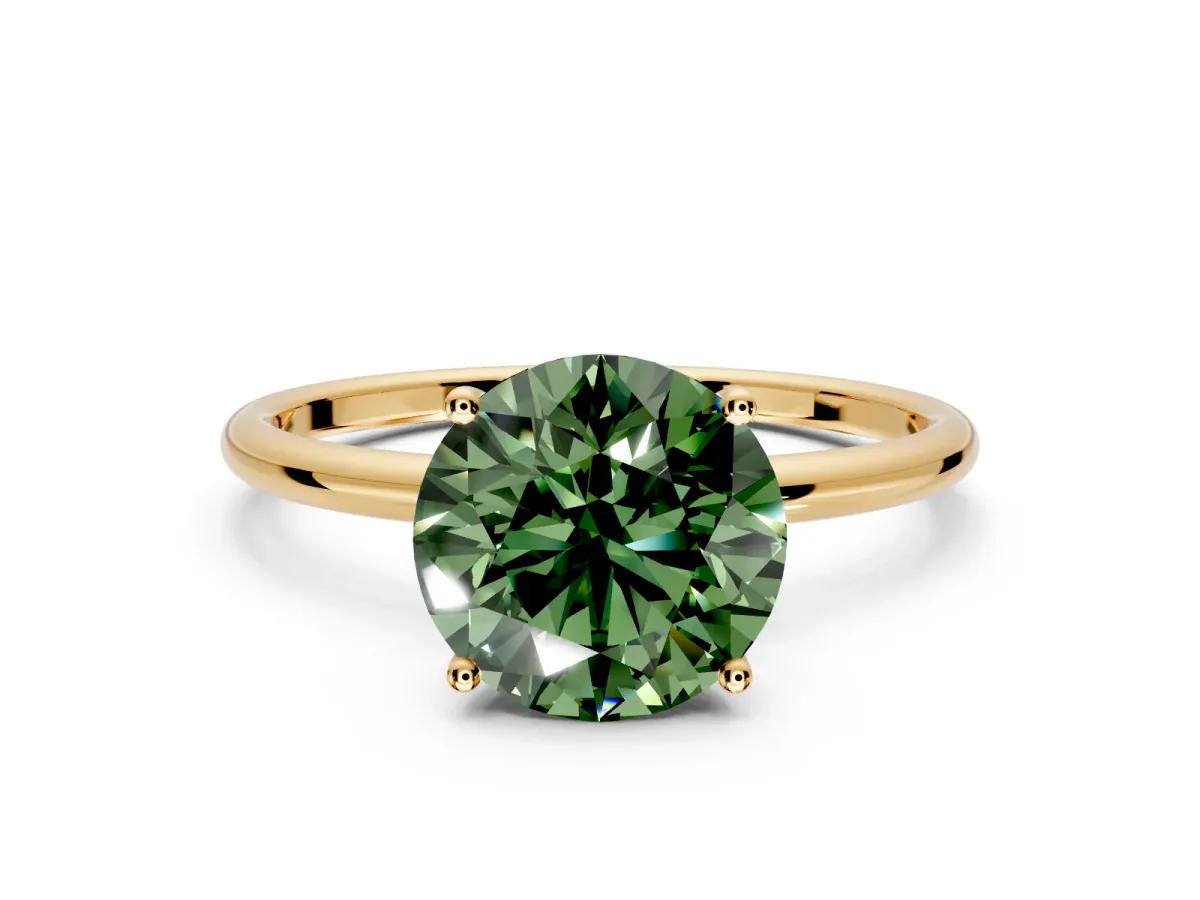 Solitaire Engagement Ring Setting for Fancy Green Round Cut Center with Straight Thin Band and Prong Head in Yellow Gold