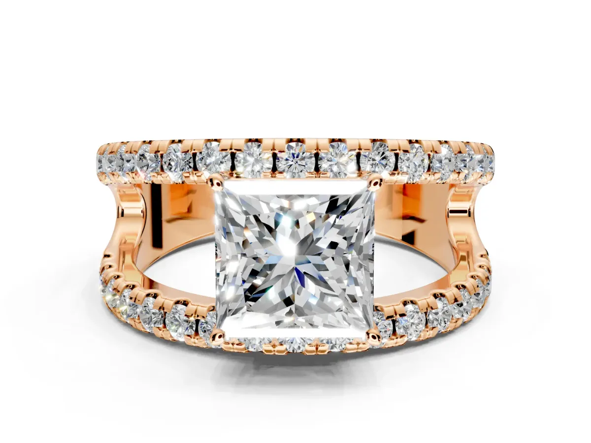 Solitaire Engagement Ring Setting for Princess Cut Center with Wide-Open Split Shank and Prong Head in Rose Gold