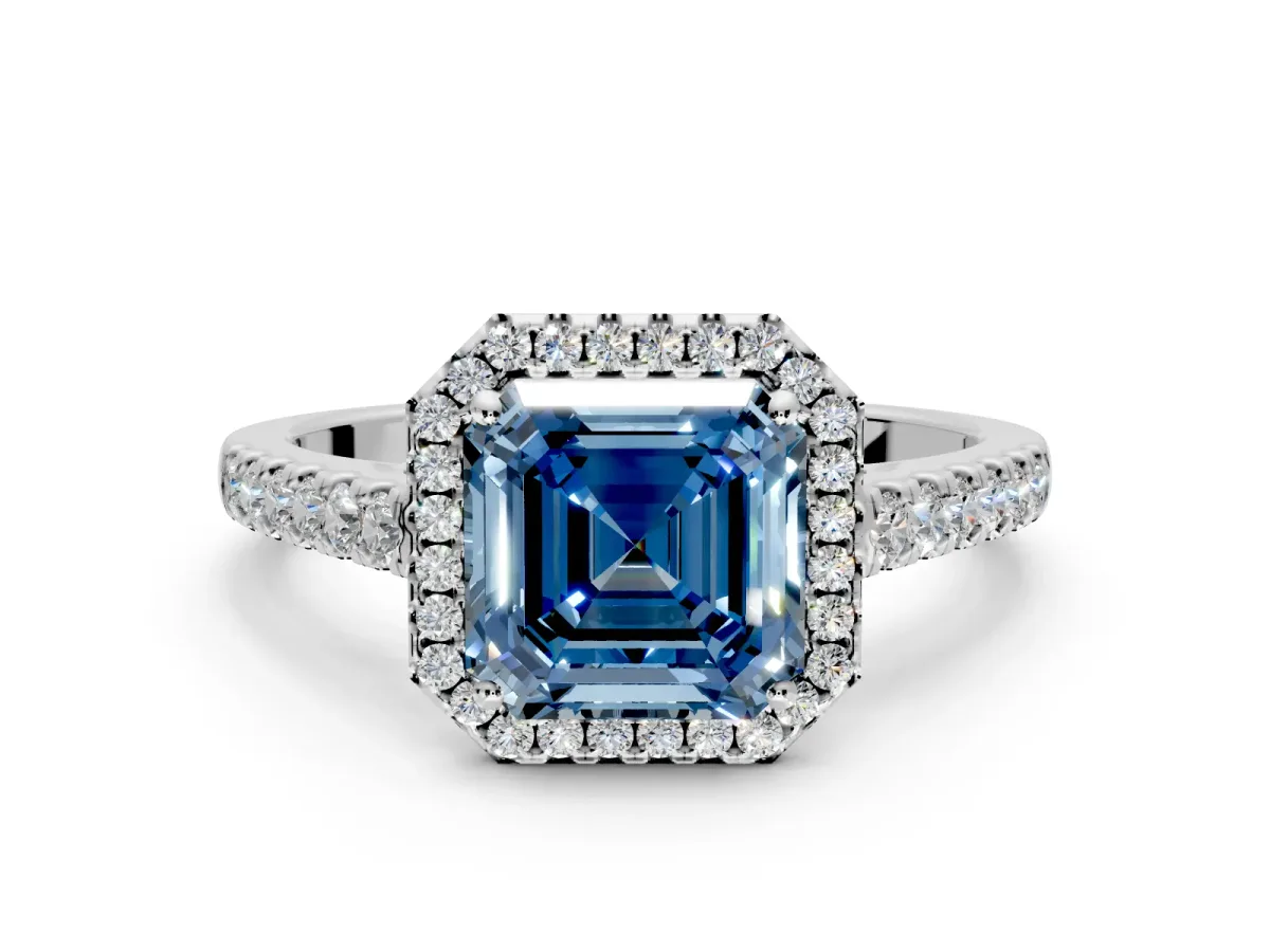 Halo Engagement Ring Setting for Fancy Blue Asscher Cut Center with Narrowing Pave Band and Prong Head in White Gold