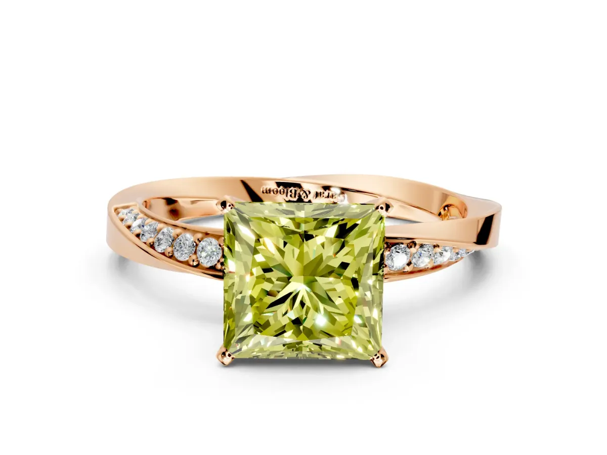 Side Accent Engagement Ring Setting for Fancy Yellow Princess Cut Center with Accent Shoulders and Prong Head in Rose Gold