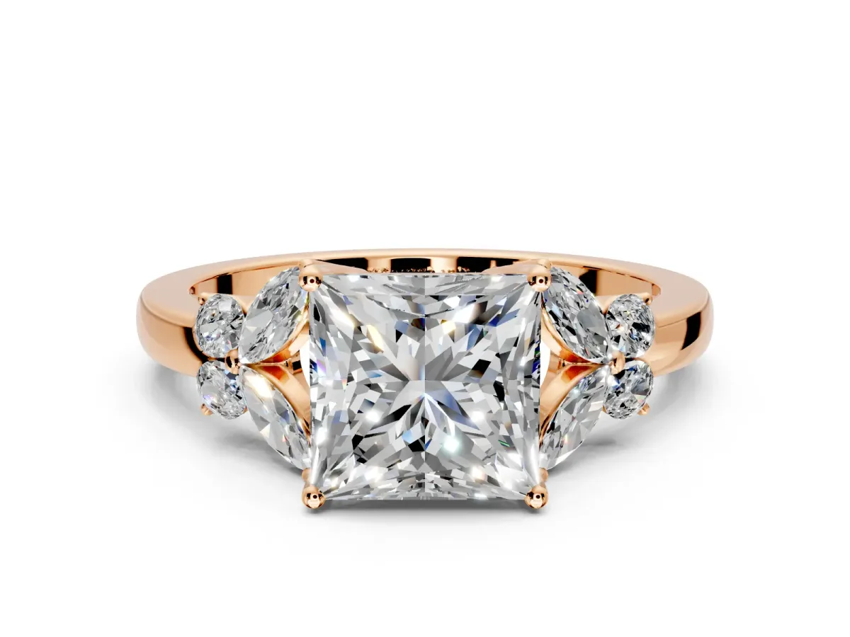 Solitaire Engagement Ring Setting for Princess Cut Center with Marquise Flower Shoulders and Prong Head in Rose Gold